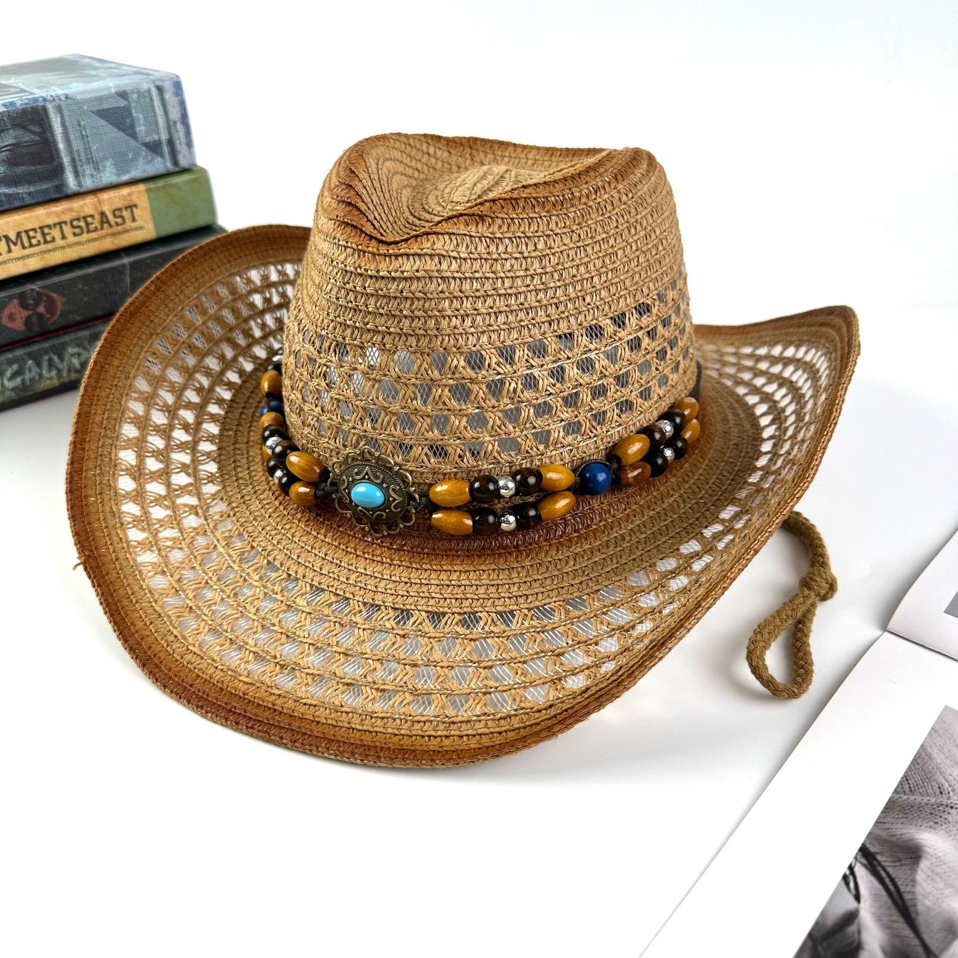 TEMU Vintage Western Straw Cowboy Hat, Turquoise Beaded Band, Wide Brim Sun, Street Style Unisex