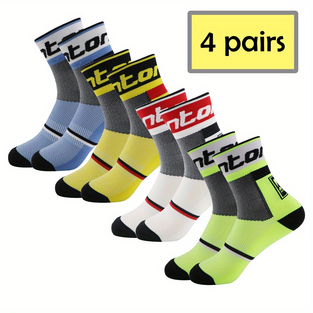 TEMU 4-pair Random Combination Professional Men's And Women's Cycling Socks, Outdoor Sports Socks, Breathable And Quick-drying, Suitable For Road