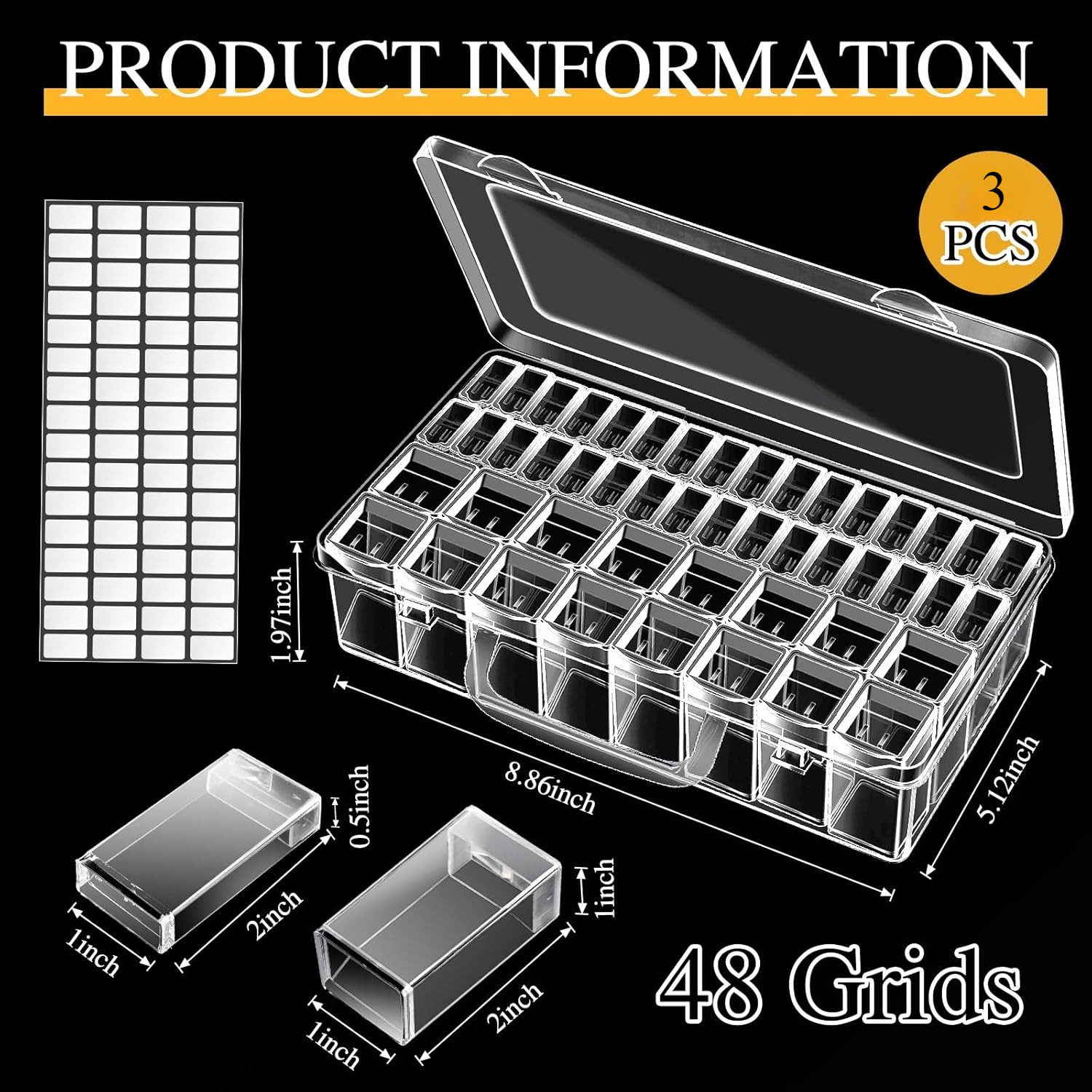 TEMU Set Of 3 Storage Boxes With 48 Compartments For Diamond Painting Drills, Including Accessories For 5d Embroidery, A Funnel, And Labels For
