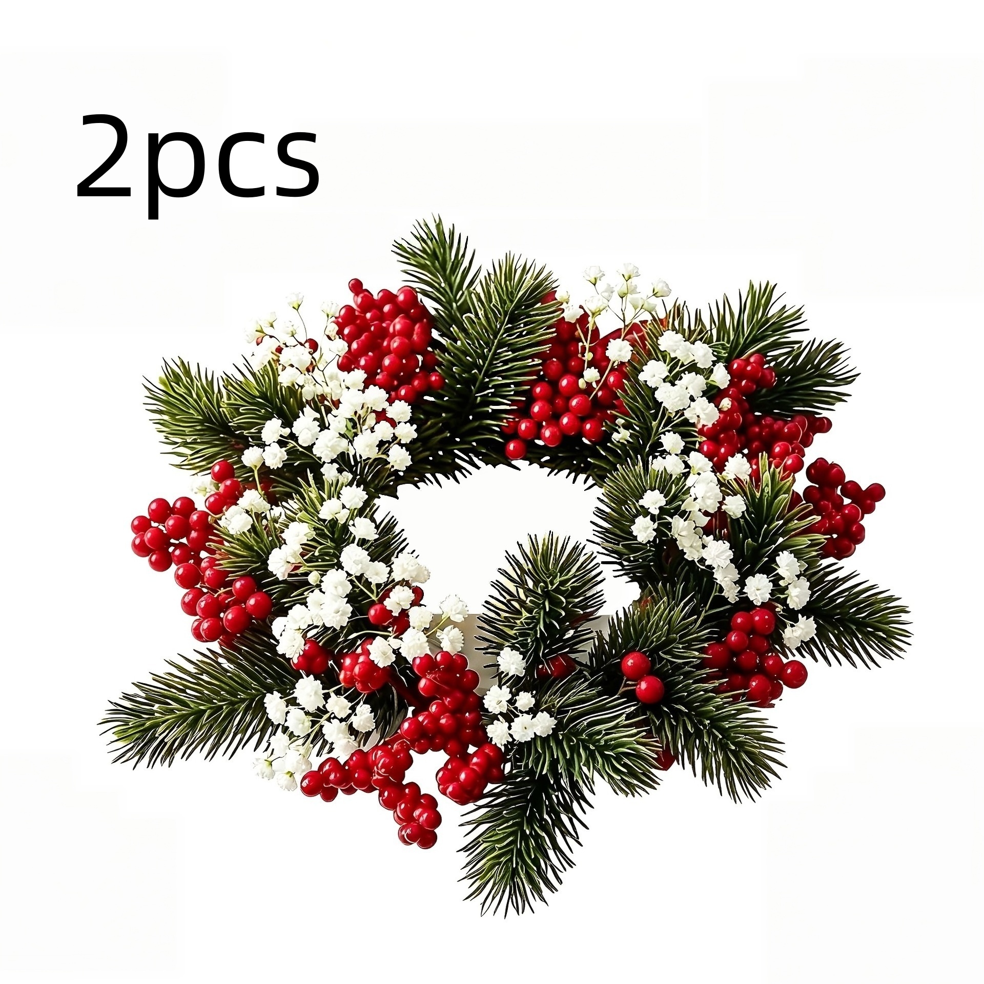 TEMU 2pcs Christmas Candle Wreath, Artificial Pine Needle Wreath With Red Berries& Baby's Breath, Christmas Table Centerpiece, Party Decoration