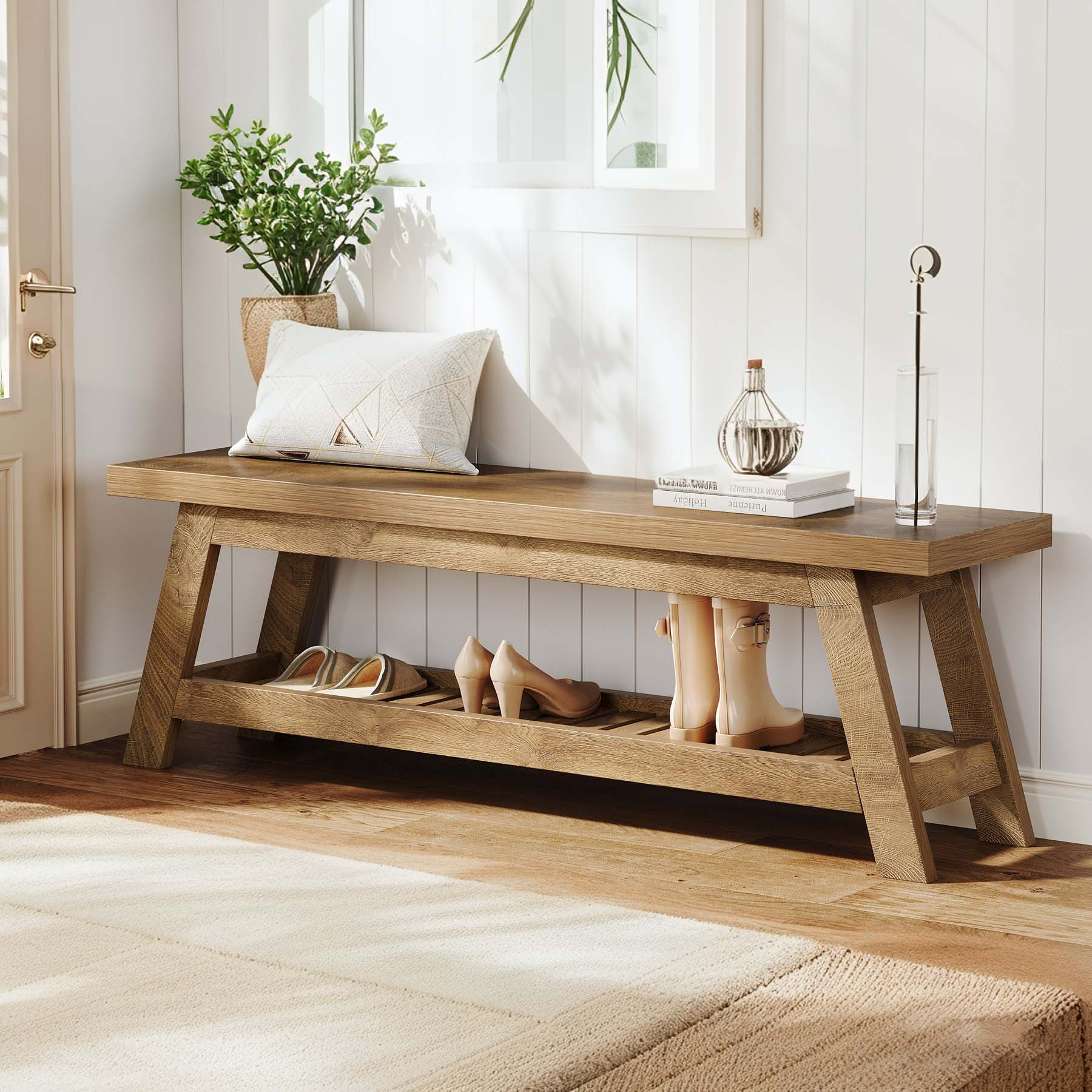 Wooden Entryway Bench with Open Shelves