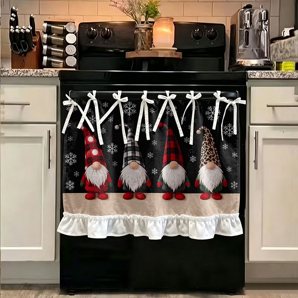 TEMU 2D Plat - 2D Plat - 1pc Housse de four de cuisine sur le thème de Noël, rideau de protection multifonctionnel, 2D imprimé Quatre gnomes festifs