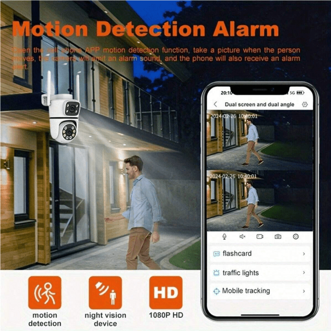 OIMLYO 4MP Dual Lens Wireless Security Camera, with AI Smart Alert, 2.4G WiFi, Two-Way Audio, Full Color Night Vision, USB Powered, Supports TF Card & Cloud Storage, for Smartphone Compatible, 1080p Resolution, ABS Material, No Battery Required details 3