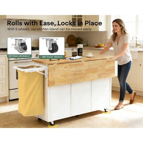 mobile kitchen cart with wheels features folding tabletop foldable trash holder spice rack towel rod storage cabinet drawers kitchen trolley bar table white black