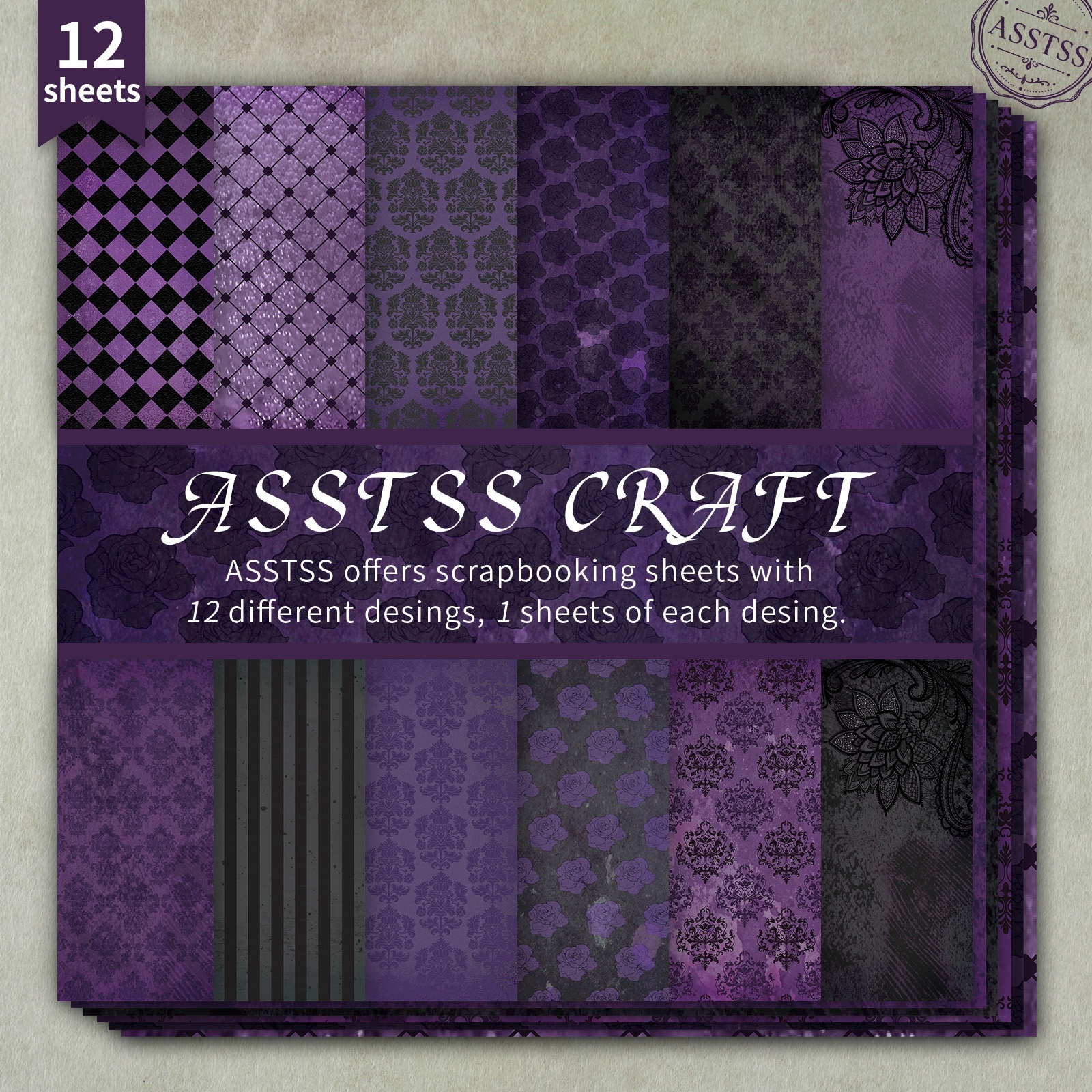TEMU 12-sheet Asstss Gothic Lace & Rose Scrapbooking Paper Pad - Dark Purple Suitable For Journaling, Collage Art, Cardmaking, Heavyweight Cardstock