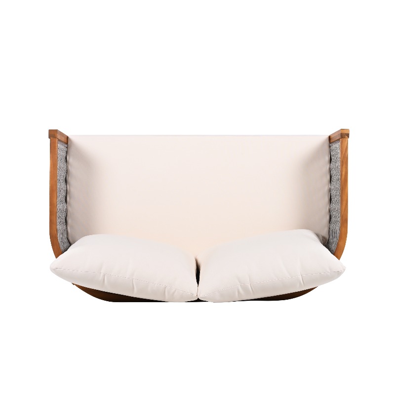 2pcs Acacia Patio Furniture Set, Outdoor Unique Tub Design Loveseat with Woven Rope Table, Deep Seating with Soft Cushions for Porch, Garden, Backyard, Balcony, Teak End And Beige Cushion