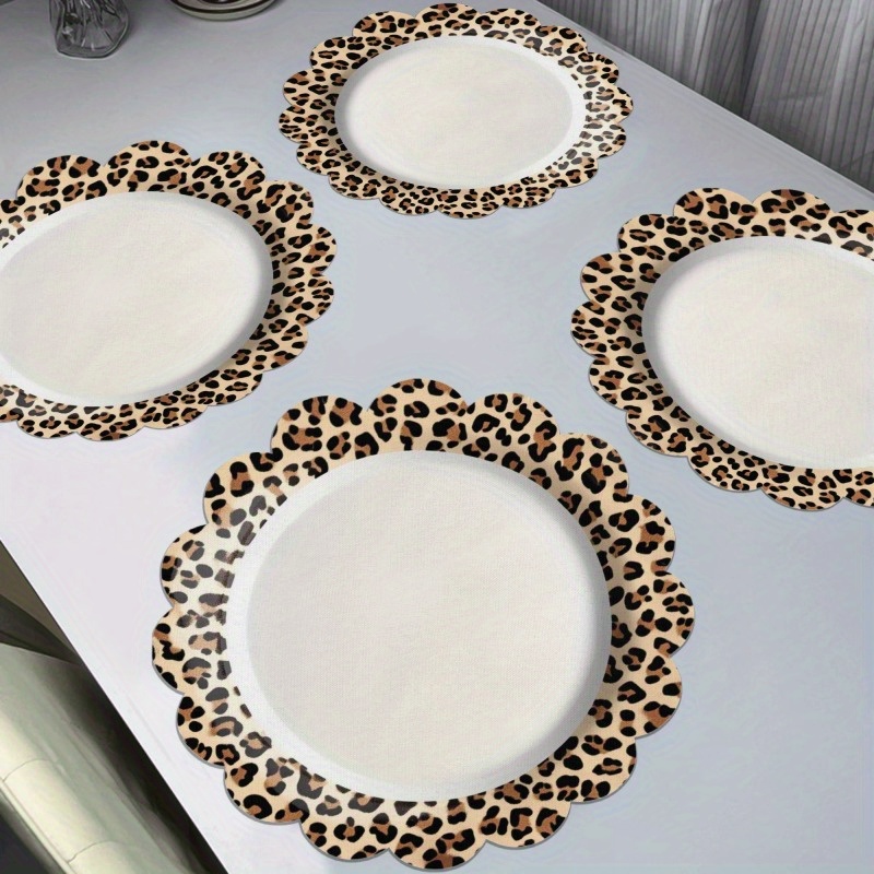 

4-pack Leopard Print Round Placemats, 15" Non-woven Polyester, Hand Washable, Elegant Table Mats For Home & Restaurant Decor