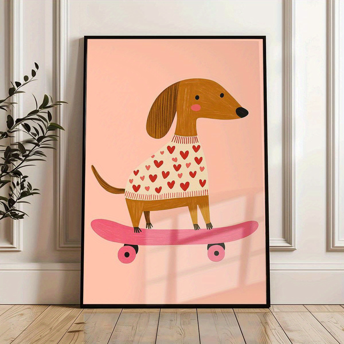 TEMU Affiche d'art 2D plate, 2D plate, 2D plate 1pc Chien sur skateboard, style dessin , décoration murale, impression sur toile cadre, décoration