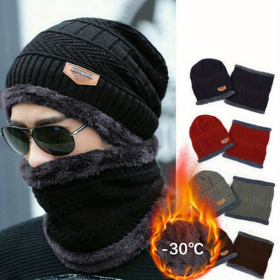 

1set Winter Beanie And Scarf Set For Men - Knit Hat With Ear Flaps And Windproof , Ideal For Skiing, Mountaineering, And Sports - 100% Polyester Knit Fabric, Hand Washable