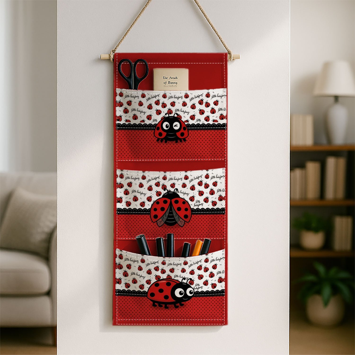 TEMU 1pc Modern Minimalist Wall Hanging Storage With Red Ladybug & Polka Dot Pattern - Sturdy Hanging , Multiple Pockets Suitable For, Bathroom,