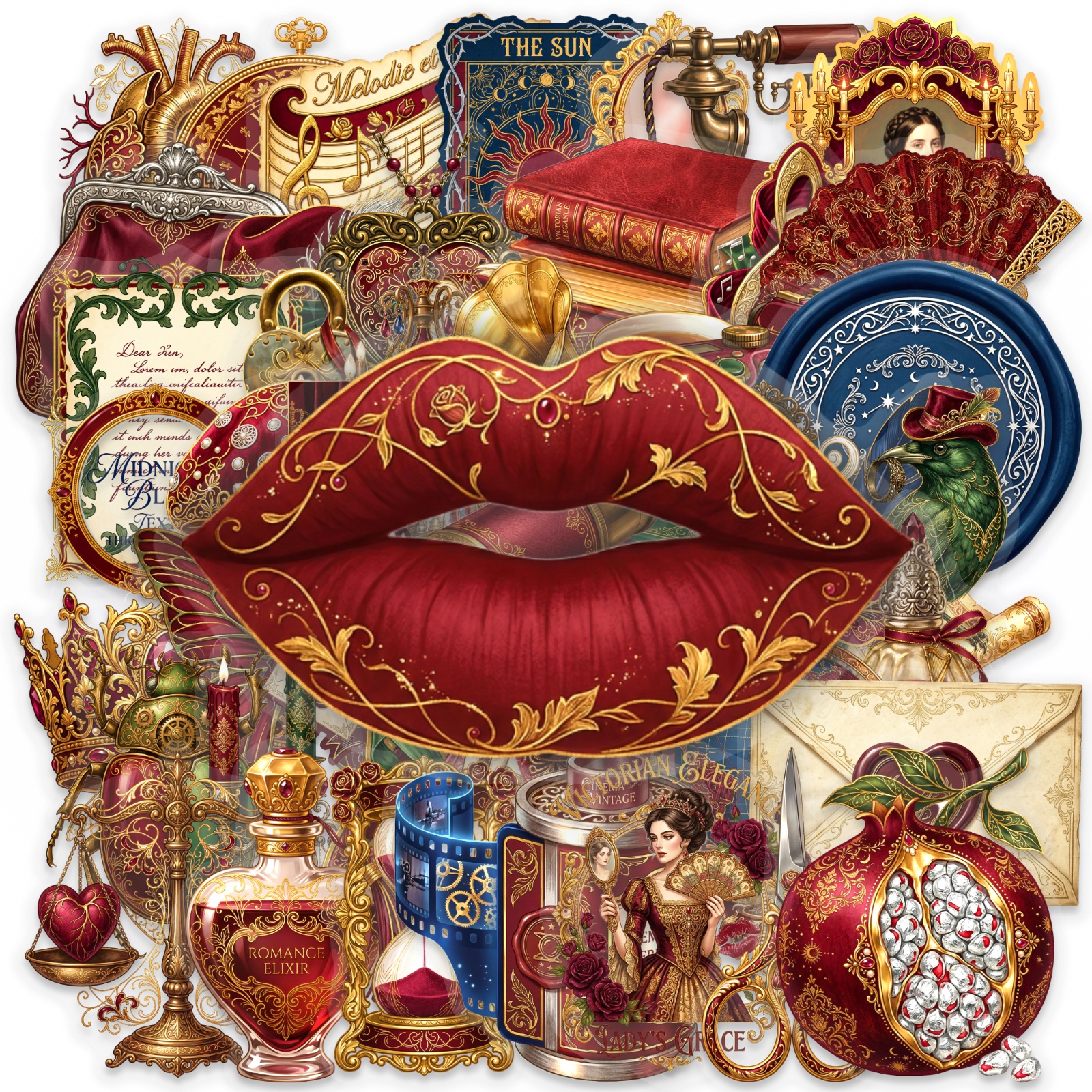 Image of 50pet Vintage Red Golden Stickers Victorian Lips Romantic Decals For Water Bottles Stickers Laptops Scrapbooking Bike Decals