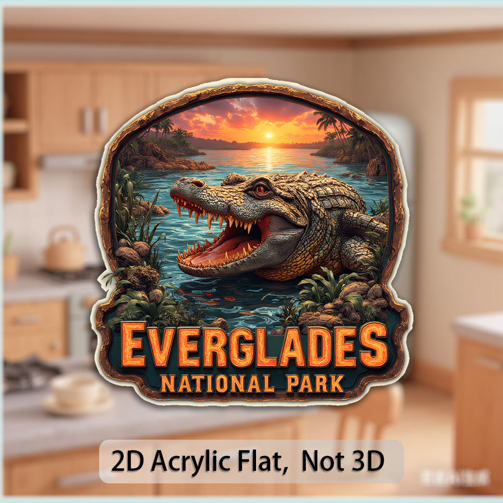 TEMU 1pc 2d Flat Acrylic And Rubber Soft Magnet | Dynamic Everglades Adventure - Crocodile Logo With Sunset Reflection - Perfect For , Father's Day,