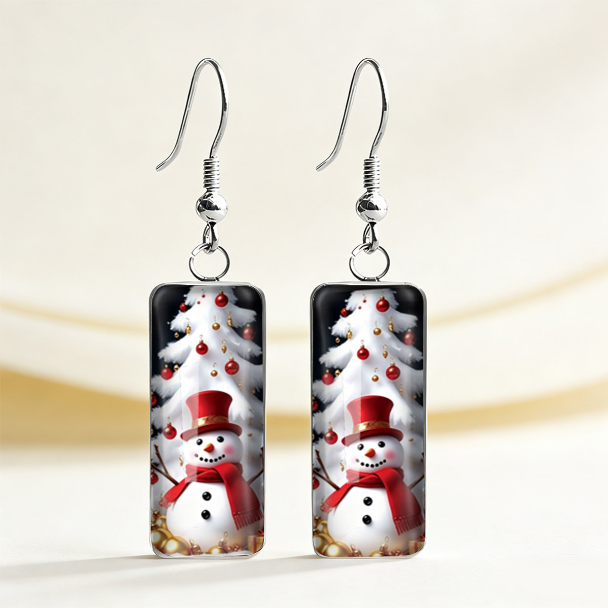 TEMU 1 Paire de Boucles d'Oreilles Rectangulaires Longues Festives avec Imprimé de Neige au de Noël et Sapin de Noël