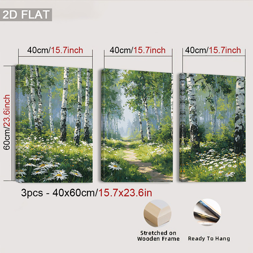 TEMU 2d Flat, 2d Flat 3pcs Framed Birch Forest Path Wall Arts, Decorations Posters, Nature Canvas Paintings, Fresh Greenery Wall Decor Poster, Modern