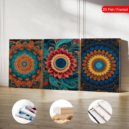 2d flat 3pcs framed floral wall arts boho canvas wall art vintage art prints mandala poster print modern artwork wall decor home decor for living room bedroom home office bathroom kitchen with framed 2d flat 2d flat