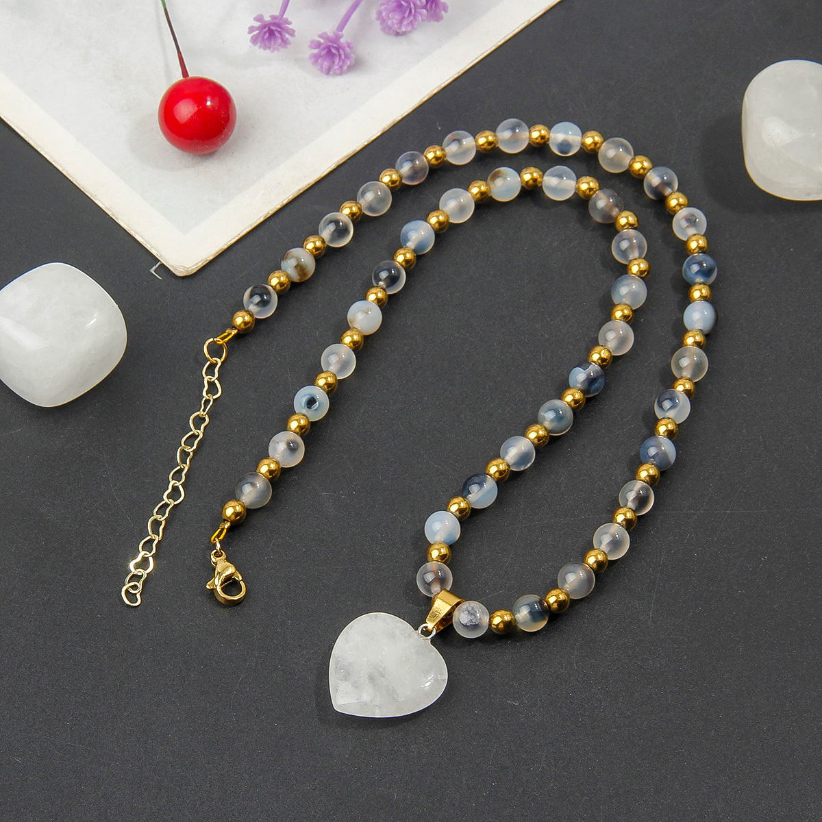 Women's Vintage-Style Handmade Gray Agate Bead Necklace