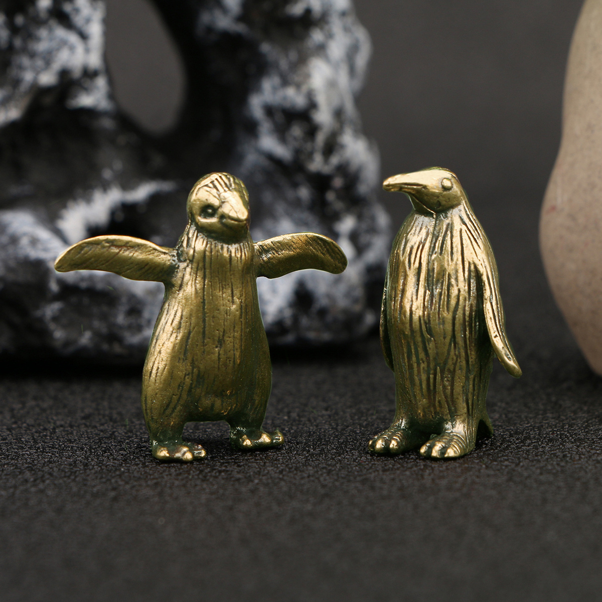 Image of 2 Brass Penguin Statues - Penguin Craft Micro Landscape Ornaments