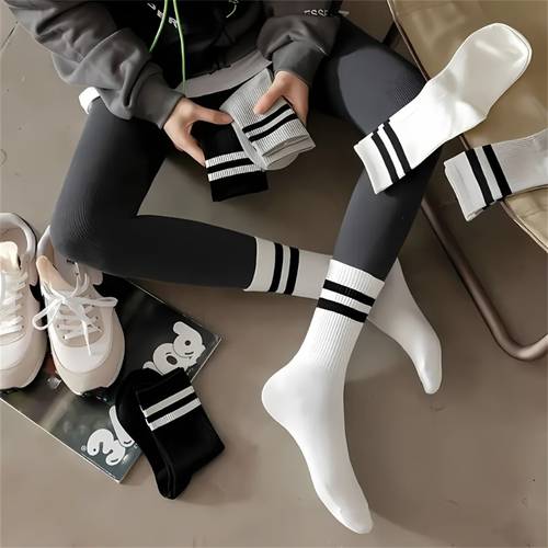 3 pairs breathable sports socks moisture wicking calf crew socks with black and soft for gym running hiking casual athletic socks striped pattern sweat absorption