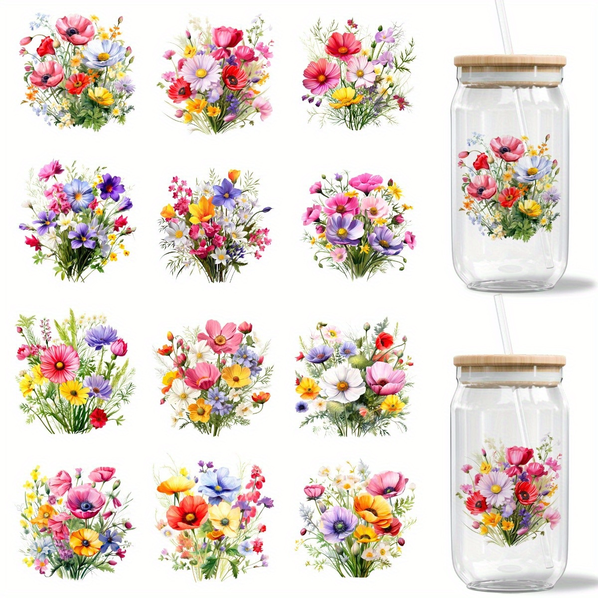 TEMU 1 Set Of 12 Sheets Watercolor Flower, For Glass Jar Packaging, Using Uv Dtf High Self-adhesive Transfer Paper, Very Suitable For Decorating Cups