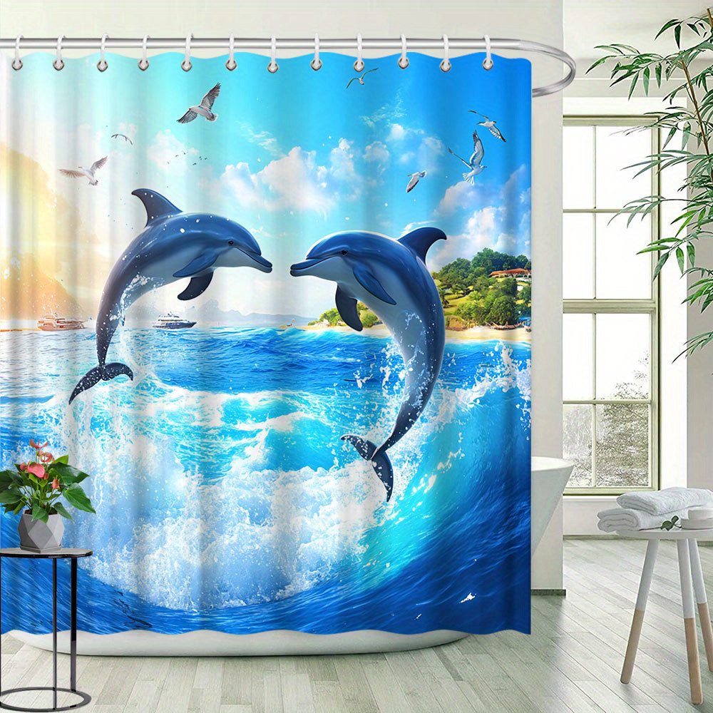 Dolphin Landscape Shower Curtain with Hooks, Animal Theme Decor