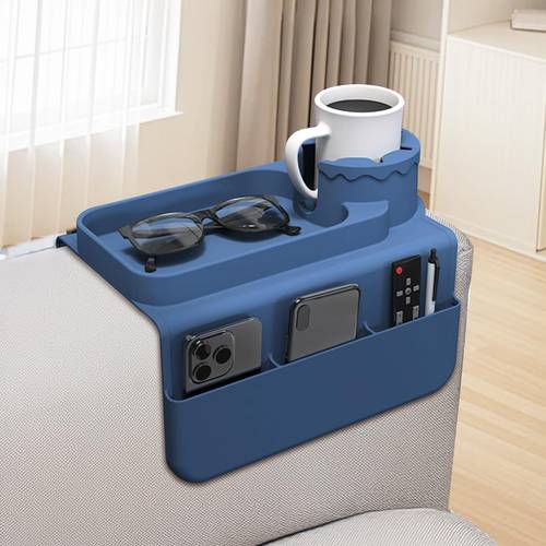 couch cup holder tray sofa armrest organizer with assesory side pockets for storage remote cell phone tablet or snack anti spill and anti slip couch drink holder caddy blue