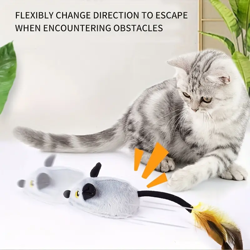 interactive plush cat toy with realistic sounds led lights auto obstacle avoidance rechargeable feather tail fun for cats details 1