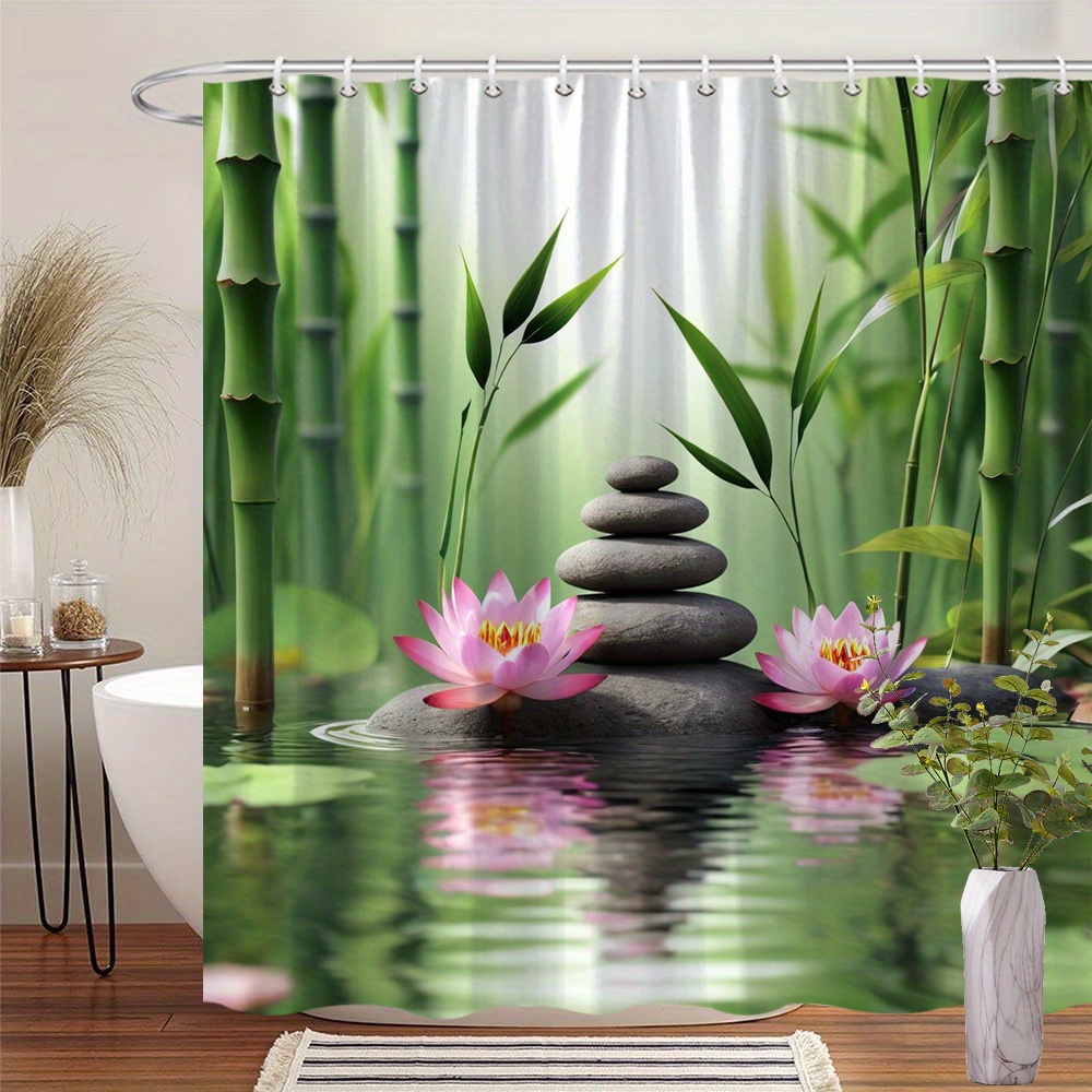 1pc Lotus Flowers And Rock Stack In Zen Garden Digital Shower Curtain, Featuring Bamboo And Reeds For A Bathroom Decor, Moving Gift , 70.86x70.86in, 12 Hooks