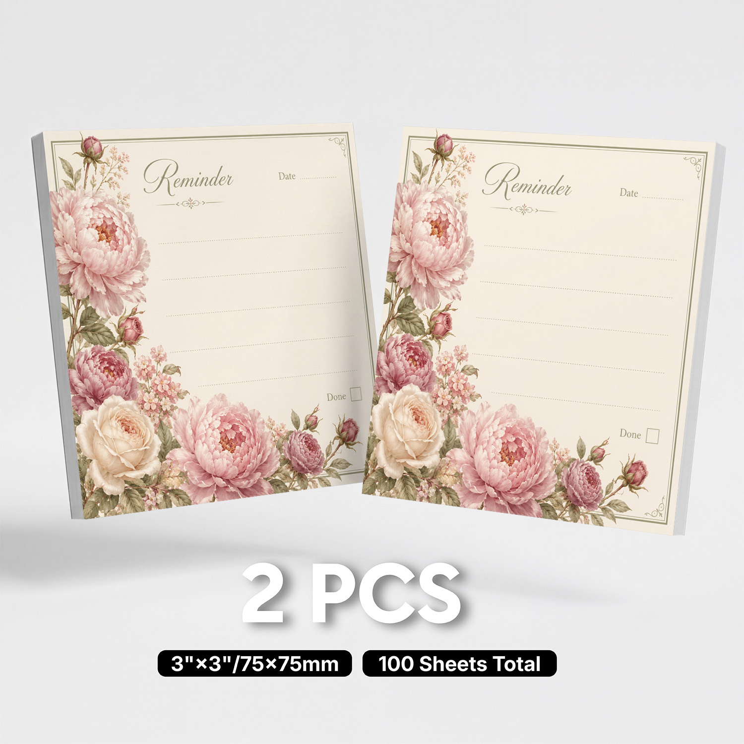 TEMU Lot de 2 -notes autocollants Floral Reminder, 75x75mm, esthétiques avec motif de et de rose, notes autocollantes vintage élégantes avec mise en