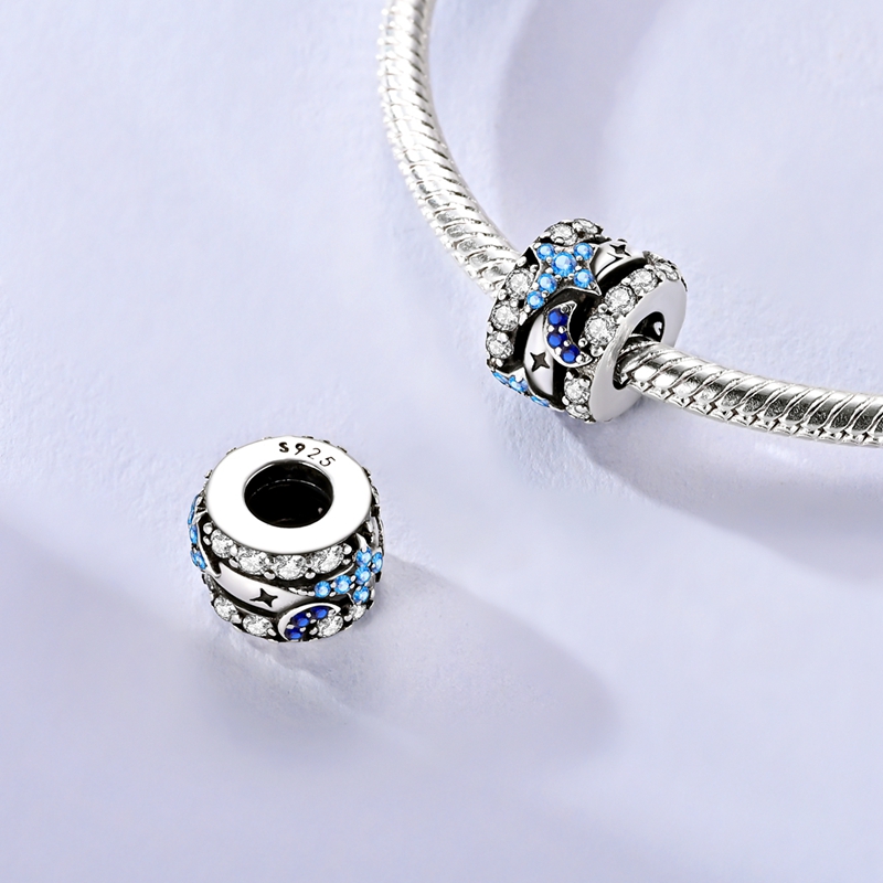 Sparkling Star and Bead Charms, 925 Sterling Silver