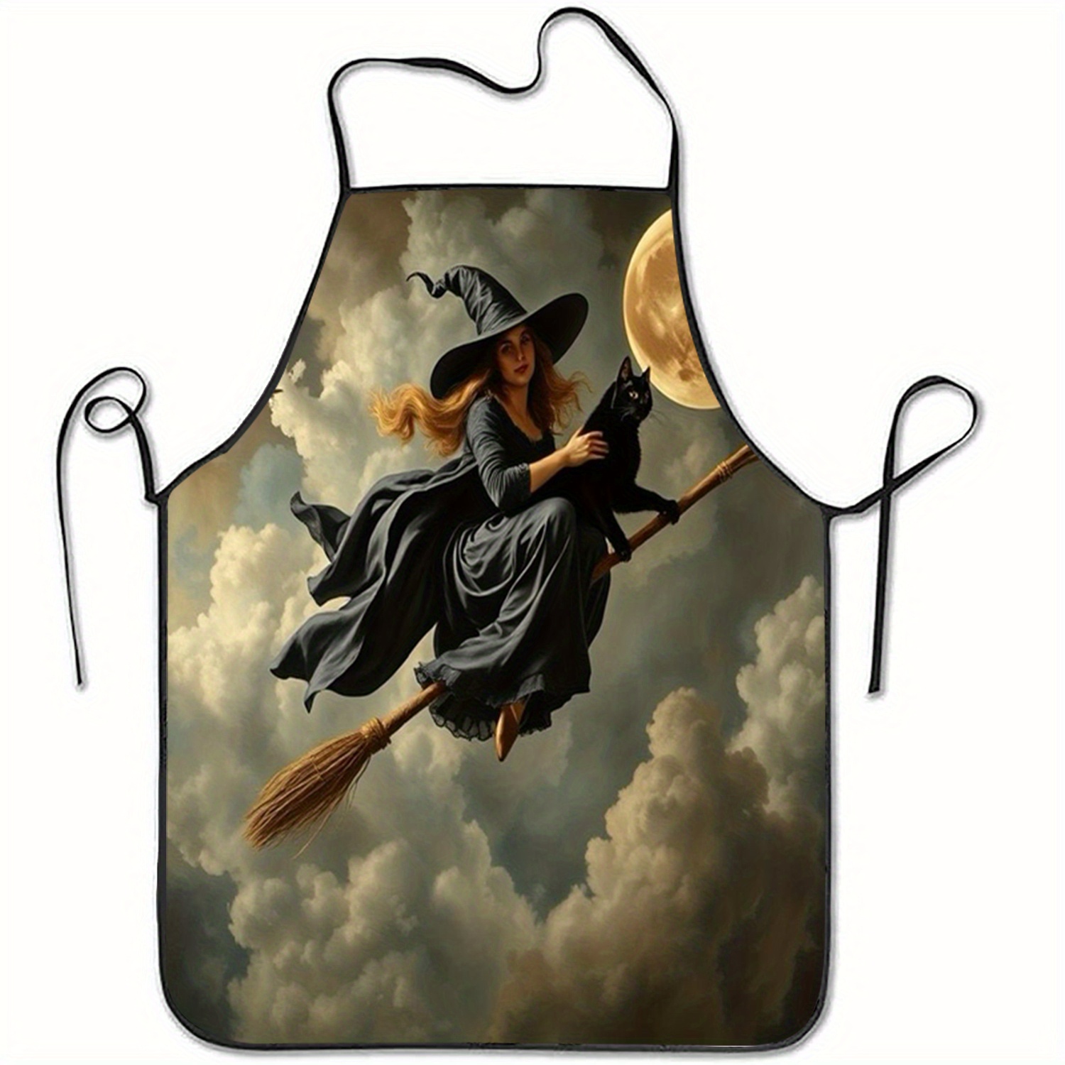 TEMU 1pc Halloween Witch Flying Broom And Black Cat Full Print Sleeveless Polyester Apron - Durable And Easy To Clean Kitchen Baking Gear, Essential