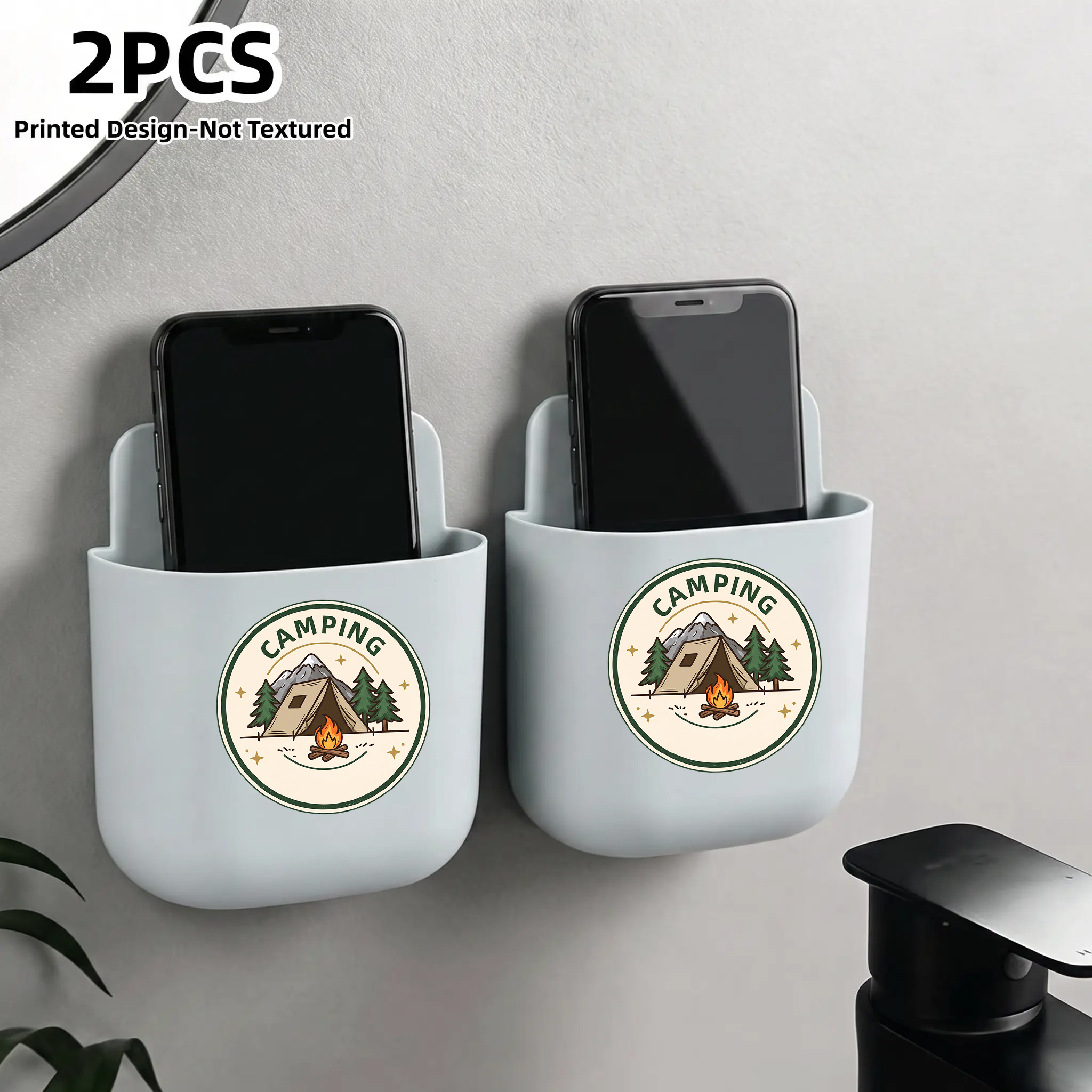 TEMU 2pcs Camping Pattern Phone Holder Wall-mounted Box Storage Box No-drill Storage Storage -saving Multi-functional Organizer For Remote Control,