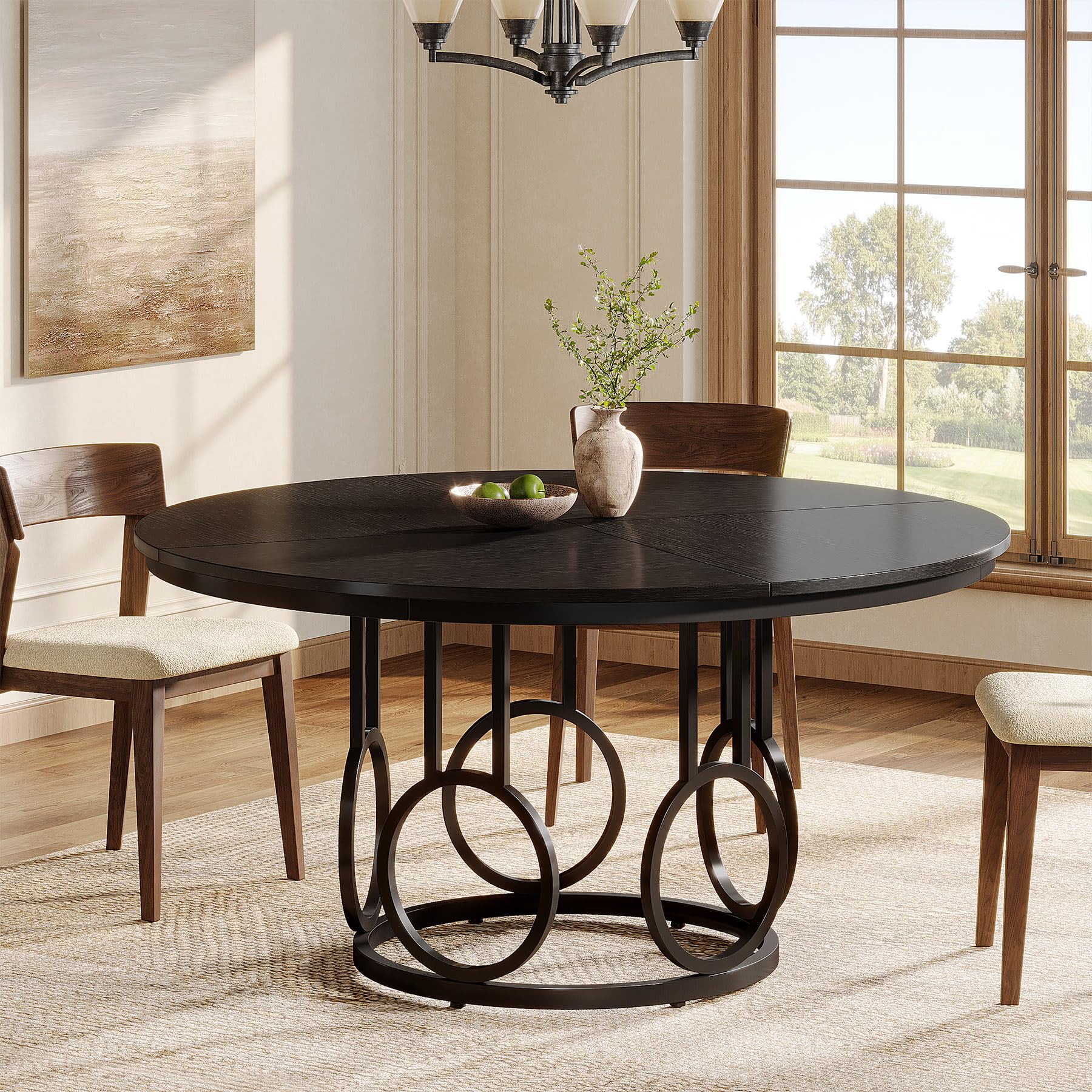 47-inch Round Wood Dining Table For 4-6 People, Large Circle Kitchen Dinner Table With Sturdy Metal Base, Modern Table For Dining Room, Kitchen & Living Room (table )