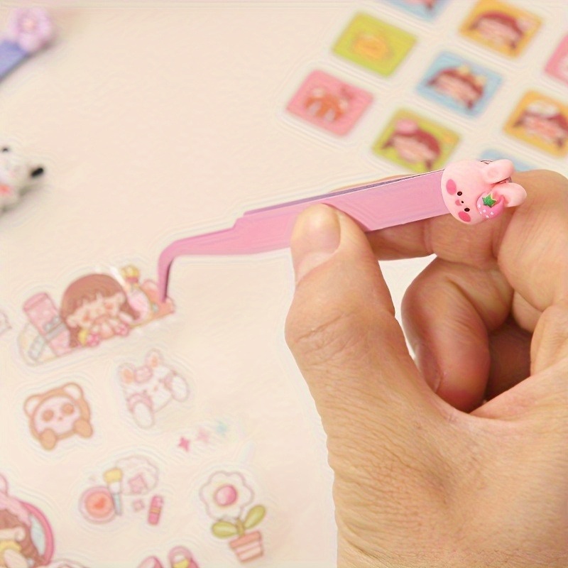TEMU 2pcs Of Cute Pink Stainless Steel Tweezers, Sticker Cutting Tools For Students' Crafts, Small Tweezers For Picking Up Tiny Items With Pointed And Curved Ends