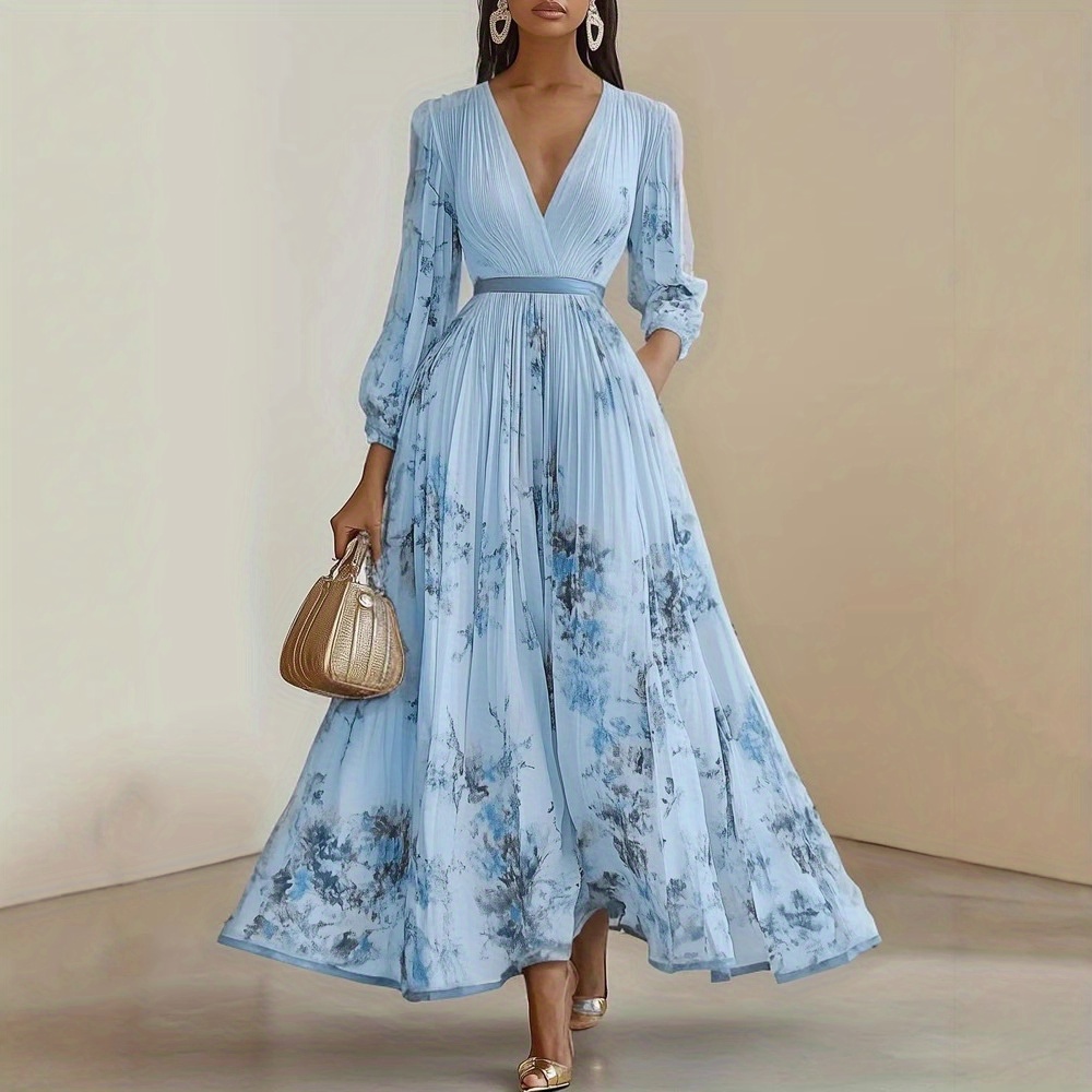 womens elegant floral print dress formal casual party wedding outfit with cinched waist flowy long sleeves   party everyday dress in beige green white black womens formal everyday attire dresses for wedding guest versatile fashion   design sophisticated tailoring     fabric adult clothing Product details 9