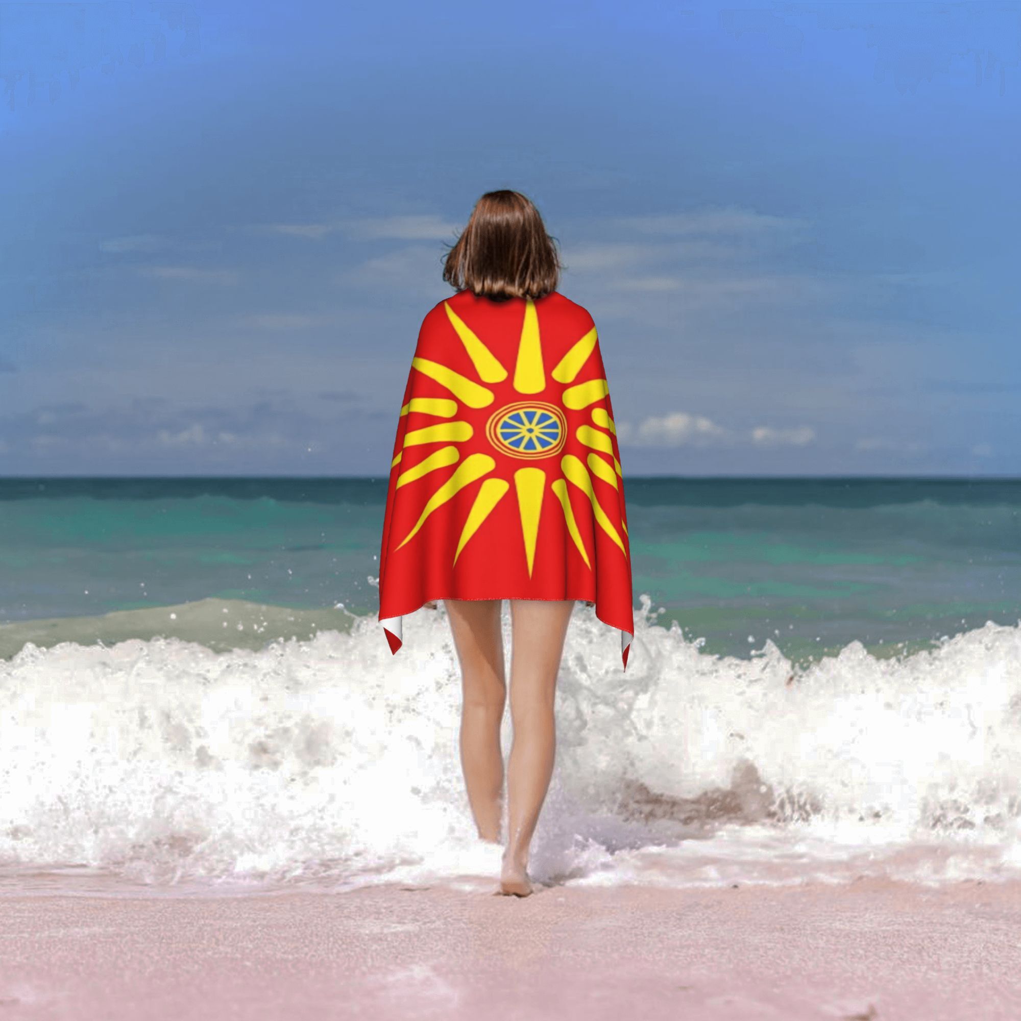 брзо-сушечка микрофибер плажна пешкир - дизајн на sun ancient macedonia, 250gsm, лесна и брзо-сушечка, совршена за плажа и базен, плажа детали 3
