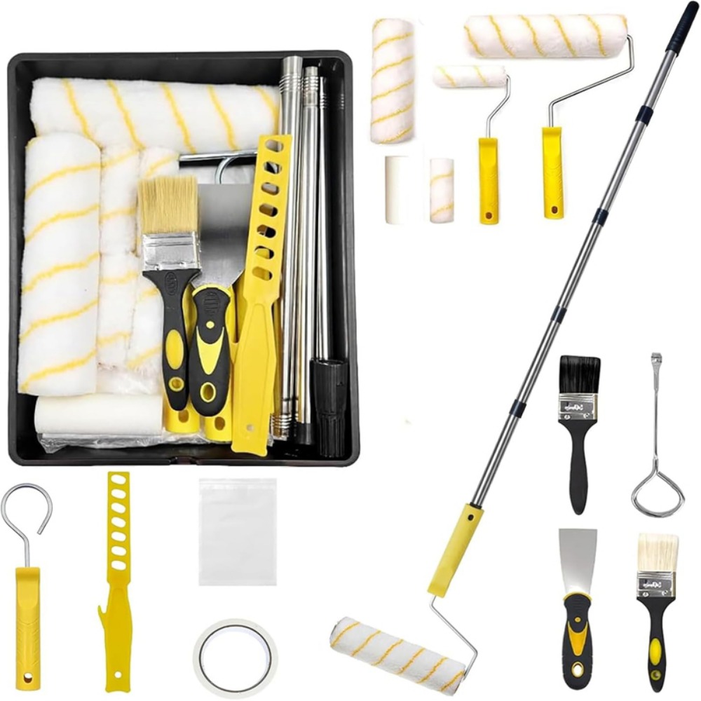 Image of Paint Roller Set, 17pcs Paint Tool Kit With 14-inch Tray, Telescopic Rod, 5 Rollers, Brush, Mixer, Scraper, And Cleaning Rack For Walls, Ceilings, And Furniture