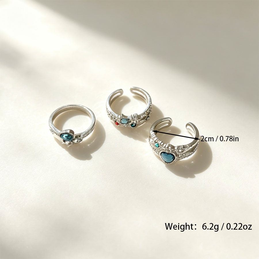 3pcs Blue Heart-Shaped Adjustable Ring Set