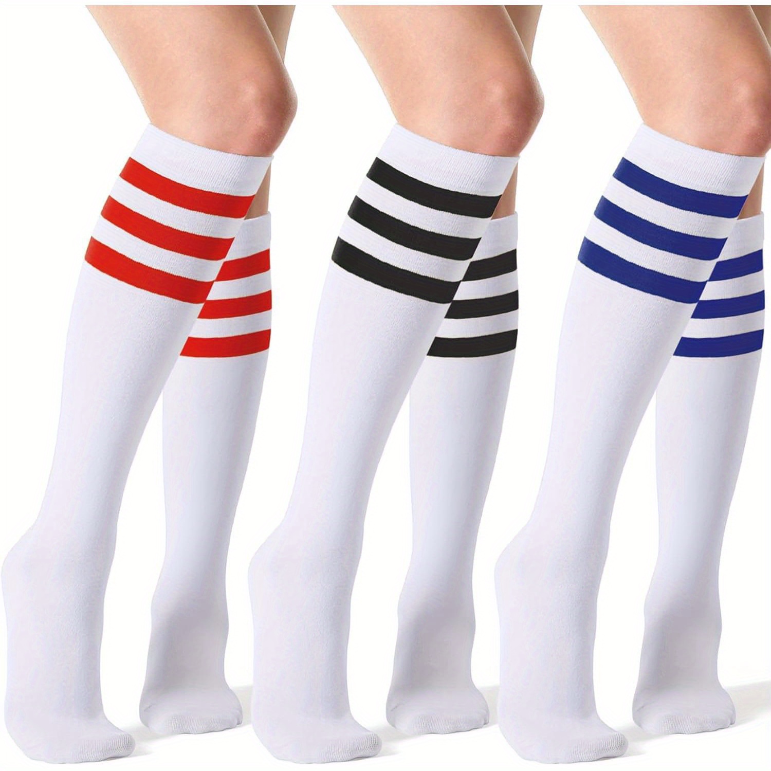 Women's Knee High Athletic Socks Stripe Tube Outdoor Sports Socks 3 Pairs