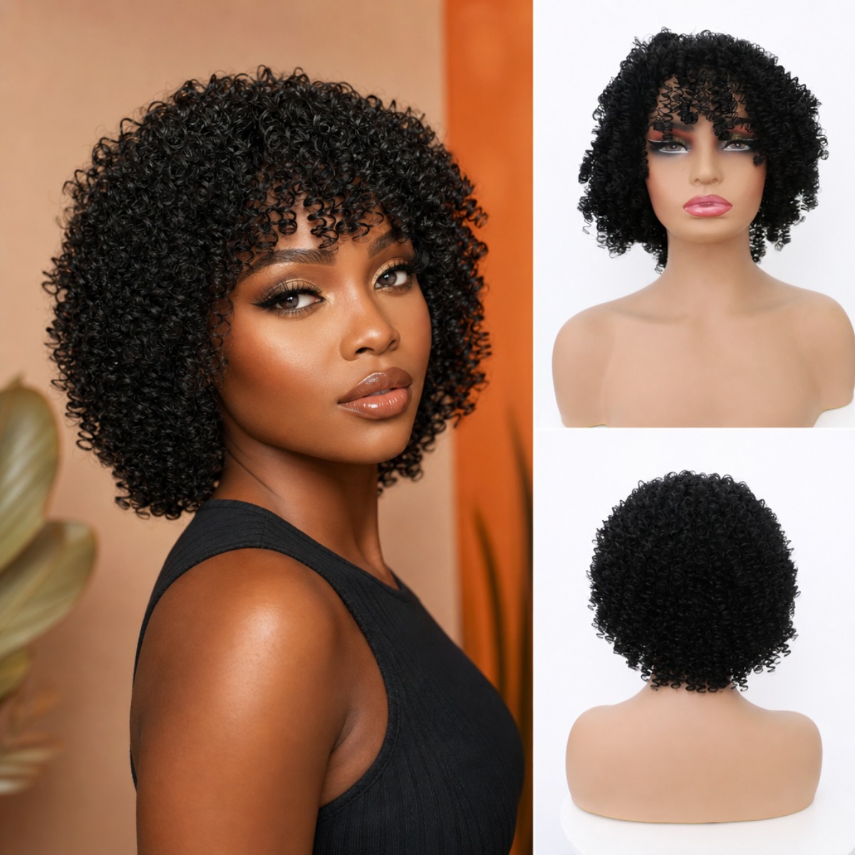 TEMU Natural Black Short Afro Wig With Bangs, Textured Small Synthetic Wigs, No Lace Heat Resistant Wig For Daily Party Use