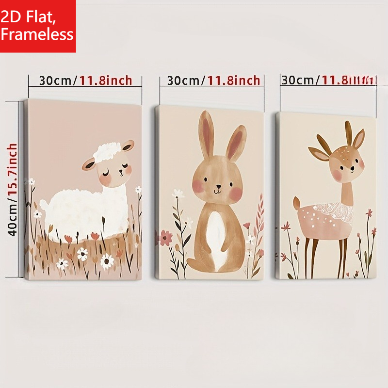 TEMU 2d Flat, Frameless, 3pcs Minimalist Cartoon Animal Forest-themed Decorative Painting, Stylish Retro Rabbit And Lamb Posters And Prints, Suitable