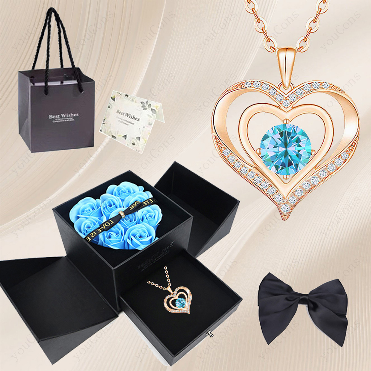 TEMU de regalo de con y flor preservada de la serie azul, con piedra de , piedra de , colgante de y collar de , tarjeta de felicitación y bolsa de