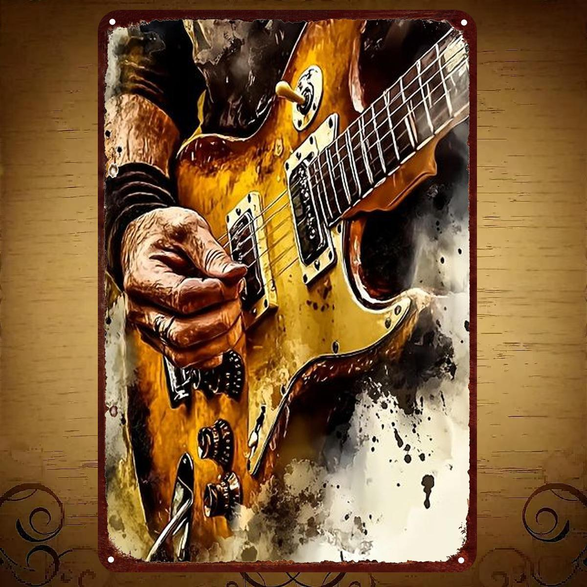 TEMU 2D Plat 1 stuks, "Retro Gitaar Kunstwerk Metalen Muurdecoratie – Handgemaakte IJzeren Schilderij voor Muziekliefhebbers" 8×12 Inch