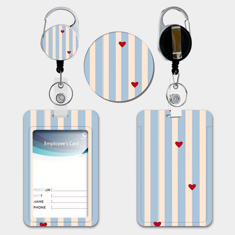 TEMU Striped Heart Pattern Personalized Card Holder With Retractable Lanyard And Key Chain Durable Plastic Card Holder Suitable For Id Storage Bus