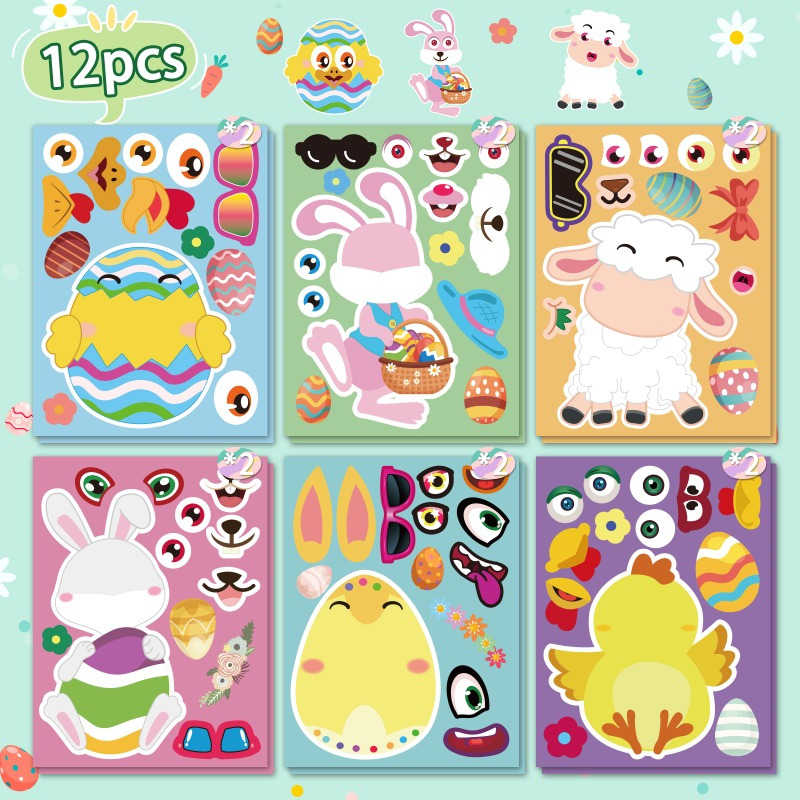 Easter Fun 6/12 Sheet Vinyl Sticker Set - Reusable Chick, Bunny, Lamb, Egg Decorations For Crafts, Party Favors, Fillers