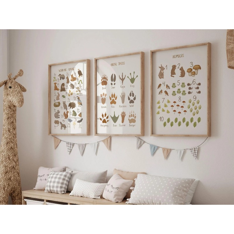 TEMU 2d Flat, 2d Flat, 3pcs Of 2d Flat Woodland Animal Footprints And Number Posters, Decorating Boys' And Girls' Rooms. This Wall Art Set Features