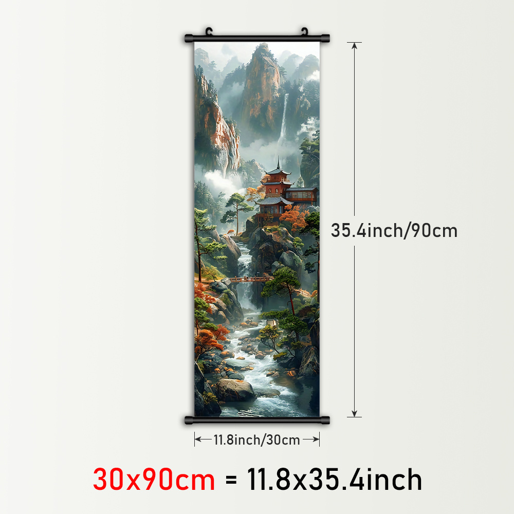 TEMU 1pc Mountain & Canvas Wall Art - Vibrant Landscape With Pagoda, Mountains & Greenery - Modern Anime-inspired Decor With Plastic Frame - Vertical