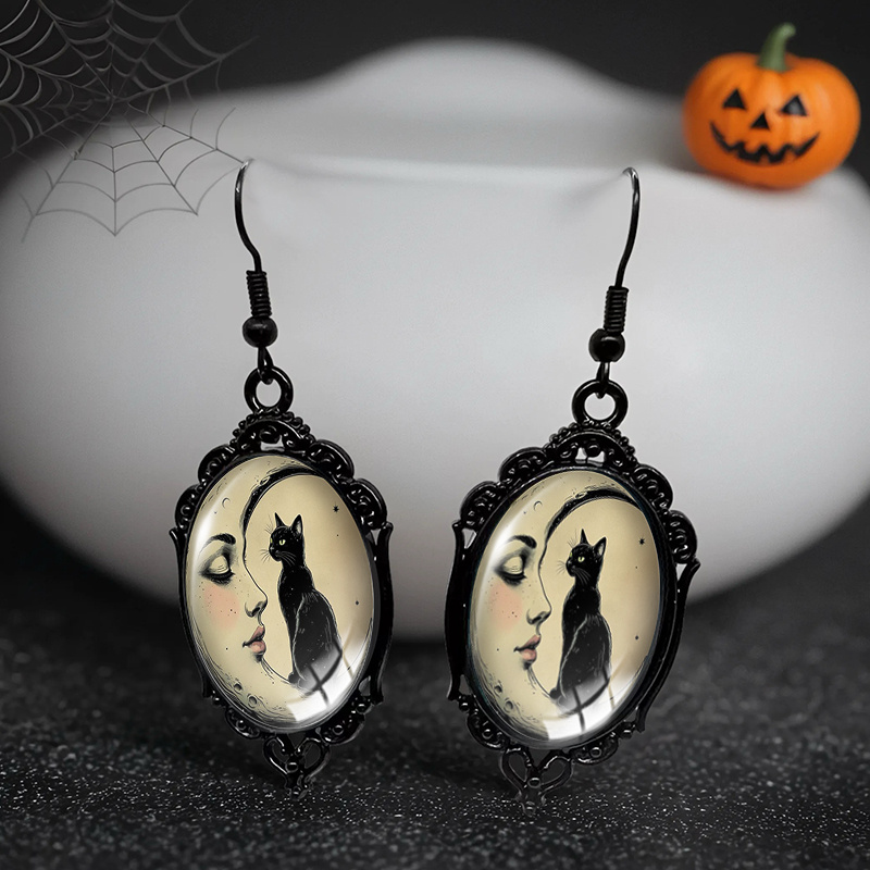 TEMU 1 Pair Of Mysterious Black Cat Black Lace Earrings Oval Drop Handmade Earrings Gift