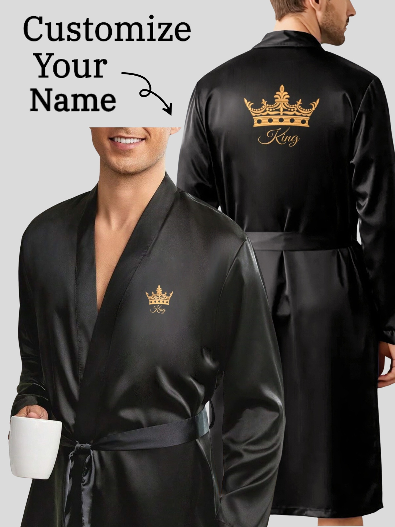 New Men's Smooth Soft Comfortable Plain Color Robe with DIY Customized Pattern, V-neck, Long Sleeves, Belted Elegant Simple Casual Ideal Choice for Wedding and Party Men's Pajamas Home Clothes Regular Models in Spring, Summer and Autumn