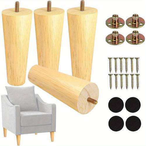 set of 4 solid wood furniture legs 6 inches in diameter featuring natural wood replacement feet with 5 16 threaded hanger bolts suitable for sofas couches armchairs cabinets tv stands ottomans and dressers