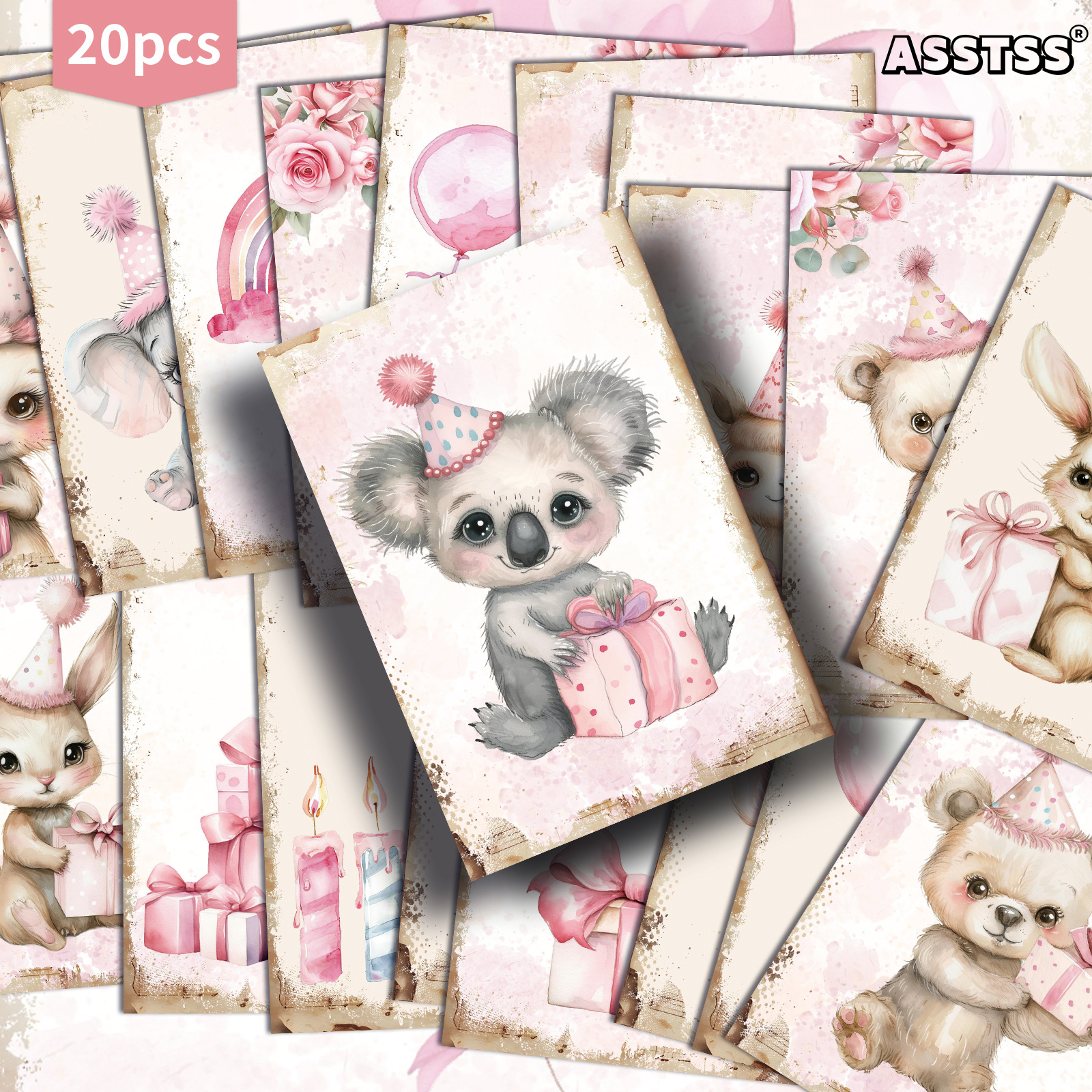 TEMU Set van 20 Diverse Retro Roze Cadeaubonnen met Dierenthema voor Verjaardagsfeestjes, Afmeting 4X6 Inches. Met Klassieke Kunst, Verzamelbare